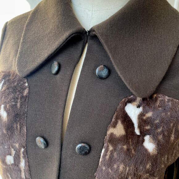 Mod  60s / 70s Double Knit Animal Print Velveteen Vintage Crop Jacket Big Collar - Picture 7 of 13